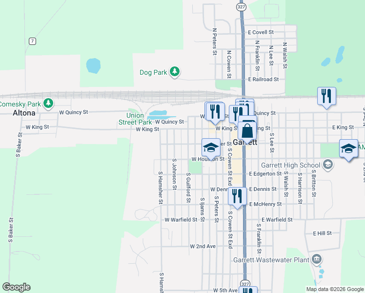 map of restaurants, bars, coffee shops, grocery stores, and more near 207 South Johnson Street in Garrett