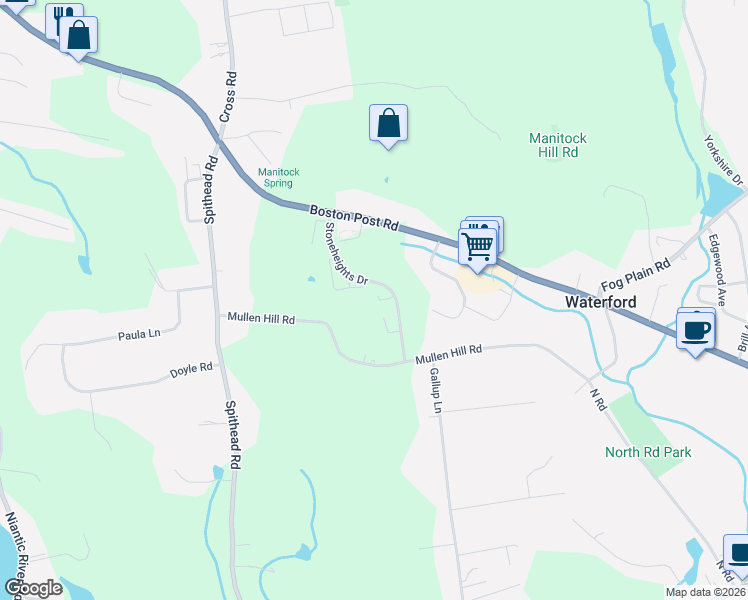map of restaurants, bars, coffee shops, grocery stores, and more near 122 Stoneheights Drive in Waterford
