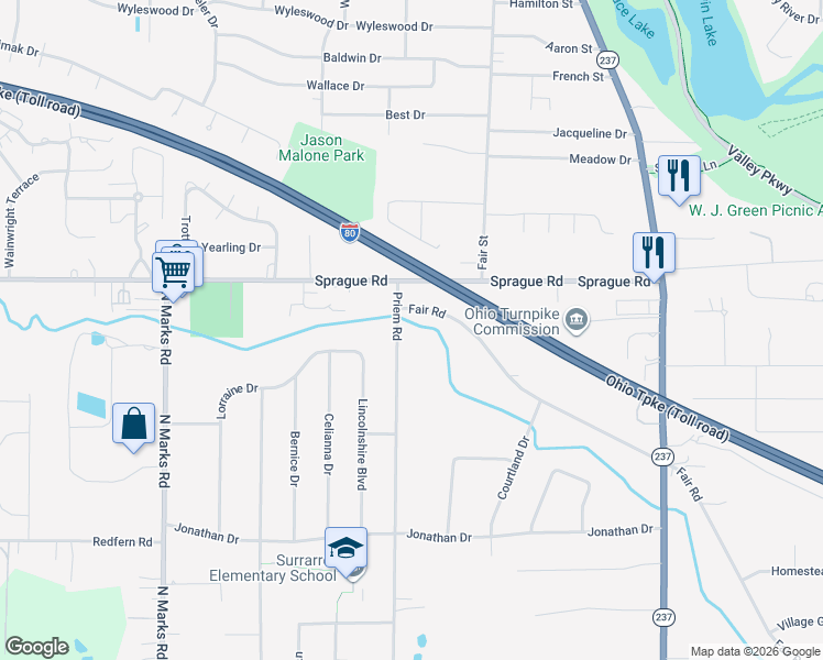 map of restaurants, bars, coffee shops, grocery stores, and more near 8119 Priem Road in Strongsville