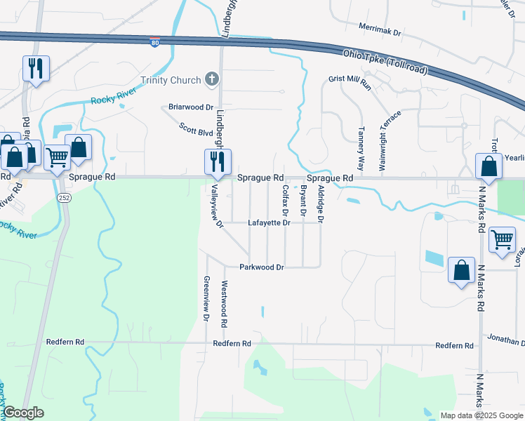 map of restaurants, bars, coffee shops, grocery stores, and more near 9987 Emerson Street in Columbia Station