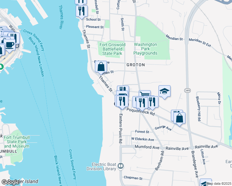 map of restaurants, bars, coffee shops, grocery stores, and more near 526 Thames Street in Groton
