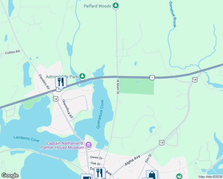 map of restaurants, bars, coffee shops, grocery stores, and more near 348 North Main Street in Stonington