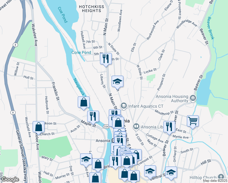 map of restaurants, bars, coffee shops, grocery stores, and more near 55 North Cliff Street in Ansonia