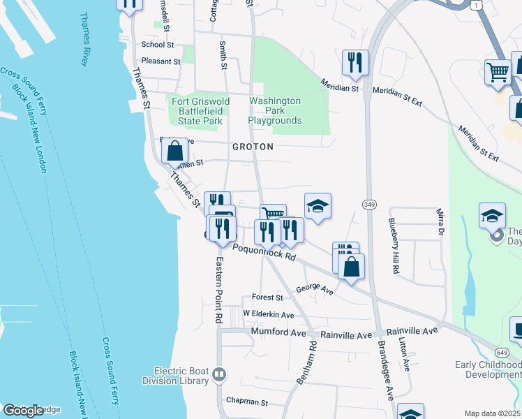 map of restaurants, bars, coffee shops, grocery stores, and more near 63 Denison Avenue in Groton