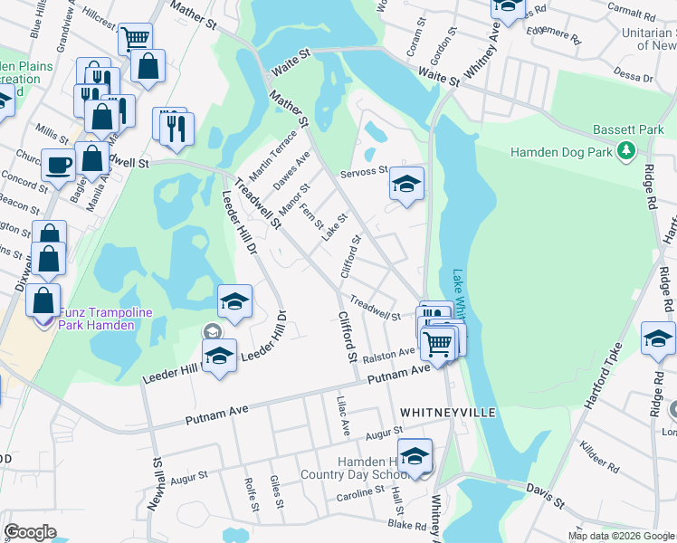 map of restaurants, bars, coffee shops, grocery stores, and more near 111 Treadwell Street in Hamden