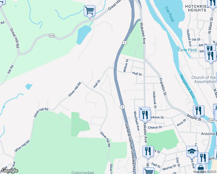 map of restaurants, bars, coffee shops, grocery stores, and more near 50 Webb Terrace in Ansonia