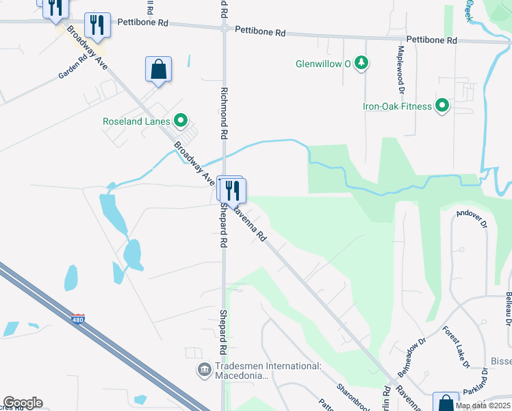 map of restaurants, bars, coffee shops, grocery stores, and more near 11629 Ravenna Road in Twinsburg