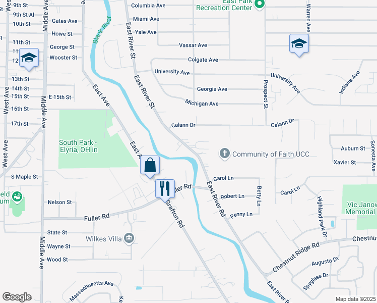 map of restaurants, bars, coffee shops, grocery stores, and more near 9688 East River Road in Elyria