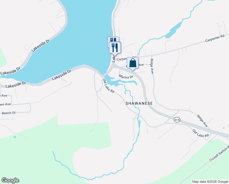 map of restaurants, bars, coffee shops, grocery stores, and more near 2-343 Old Lake Road in Harveys Lake