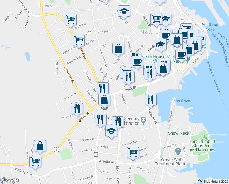 map of restaurants, bars, coffee shops, grocery stores, and more near 745 Bank Street in New London