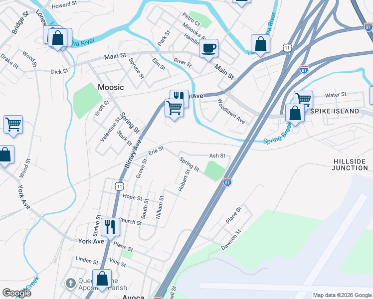 map of restaurants, bars, coffee shops, grocery stores, and more near 905 Spring Street in Moosic