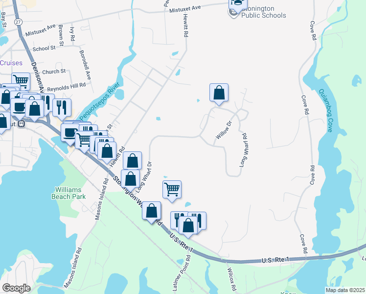 map of restaurants, bars, coffee shops, grocery stores, and more near 5 Long Wharf Drive in Stonington