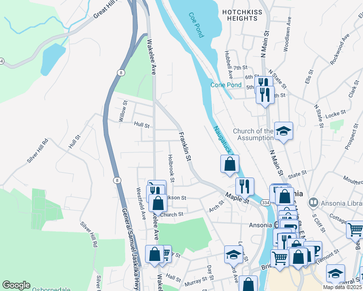 map of restaurants, bars, coffee shops, grocery stores, and more near 69 1/2 Franklin Street in Ansonia