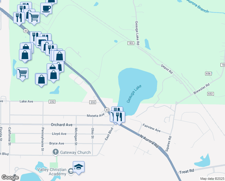 map of restaurants, bars, coffee shops, grocery stores, and more near 7350 North Aurora Road in Aurora