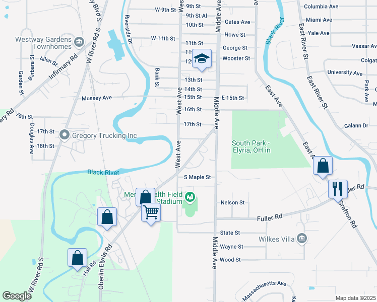 map of restaurants, bars, coffee shops, grocery stores, and more near 241 Oberlin Road in Elyria