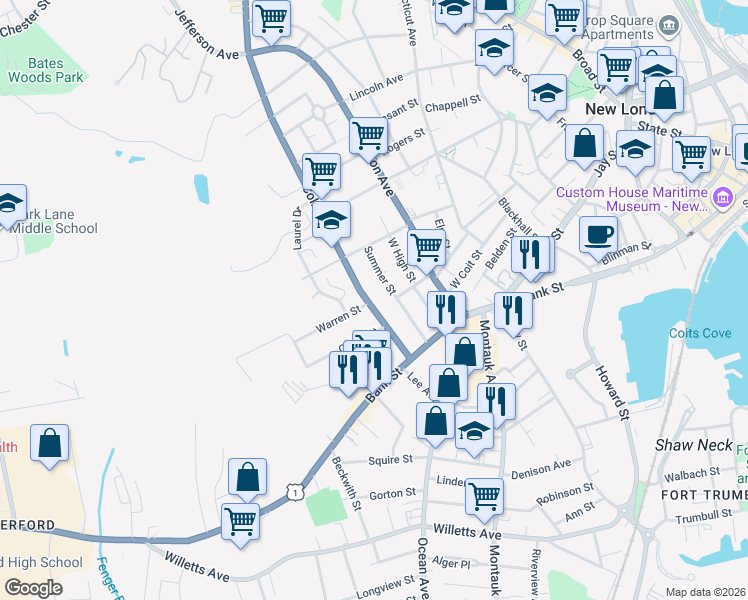 map of restaurants, bars, coffee shops, grocery stores, and more near 14 Warren Street in New London