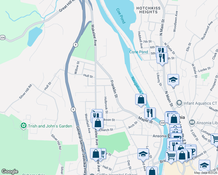 map of restaurants, bars, coffee shops, grocery stores, and more near 69 1/2 Franklin Street in Ansonia