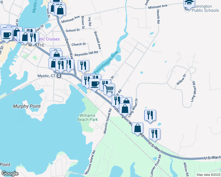 map of restaurants, bars, coffee shops, grocery stores, and more near 19 Hewitt Road in Stonington