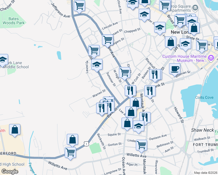 map of restaurants, bars, coffee shops, grocery stores, and more near 14 Warren Street in New London