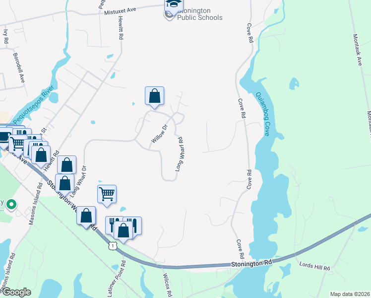 map of restaurants, bars, coffee shops, grocery stores, and more near 200 Long Wharf Road in Stonington