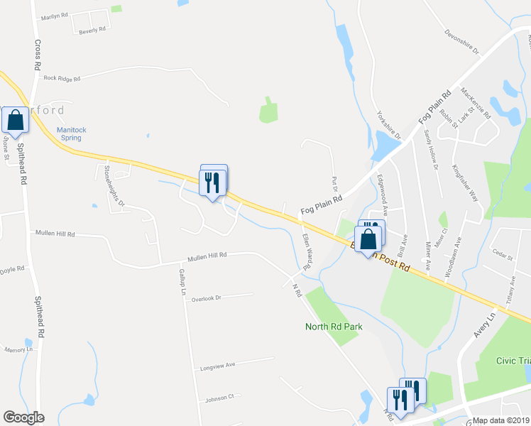 map of restaurants, bars, coffee shops, grocery stores, and more near 302 Boston Post Road in Waterford