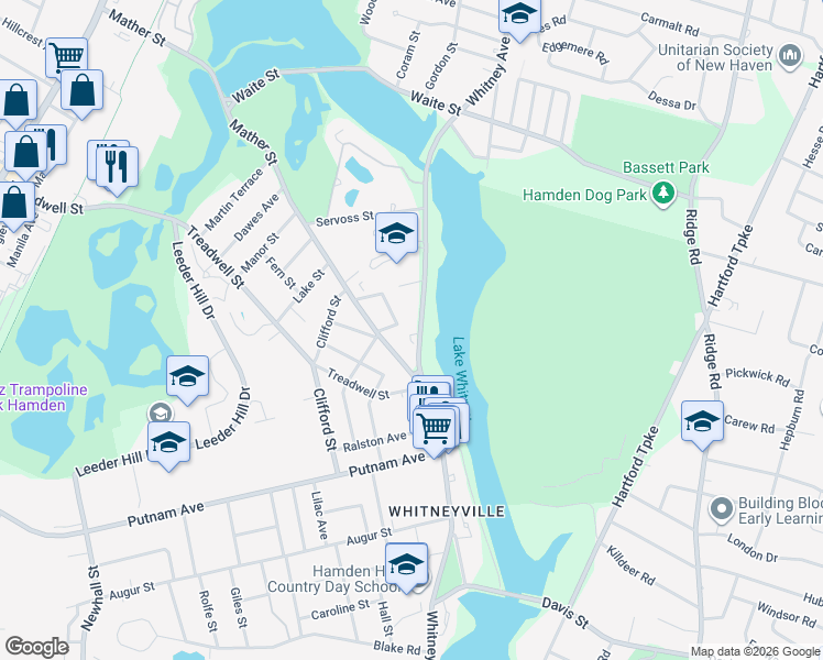 map of restaurants, bars, coffee shops, grocery stores, and more near 1340 Whitney Avenue in Hamden