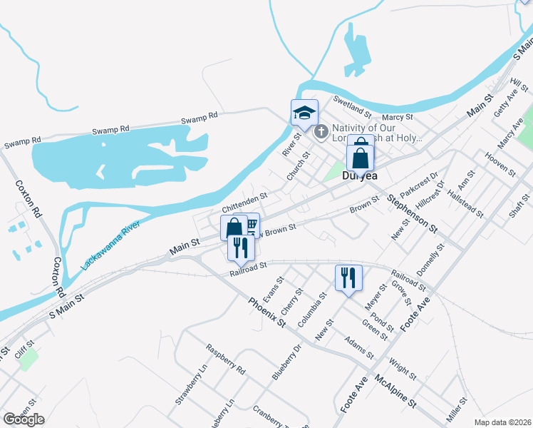 map of restaurants, bars, coffee shops, grocery stores, and more near 408 New Brown St in Duryea
