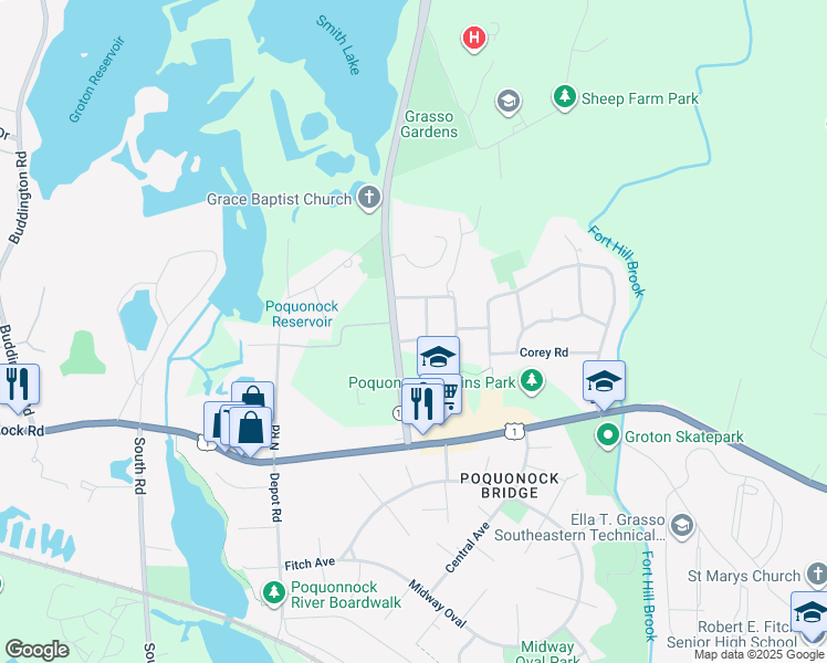 map of restaurants, bars, coffee shops, grocery stores, and more near 15 Indian Field Road in Groton