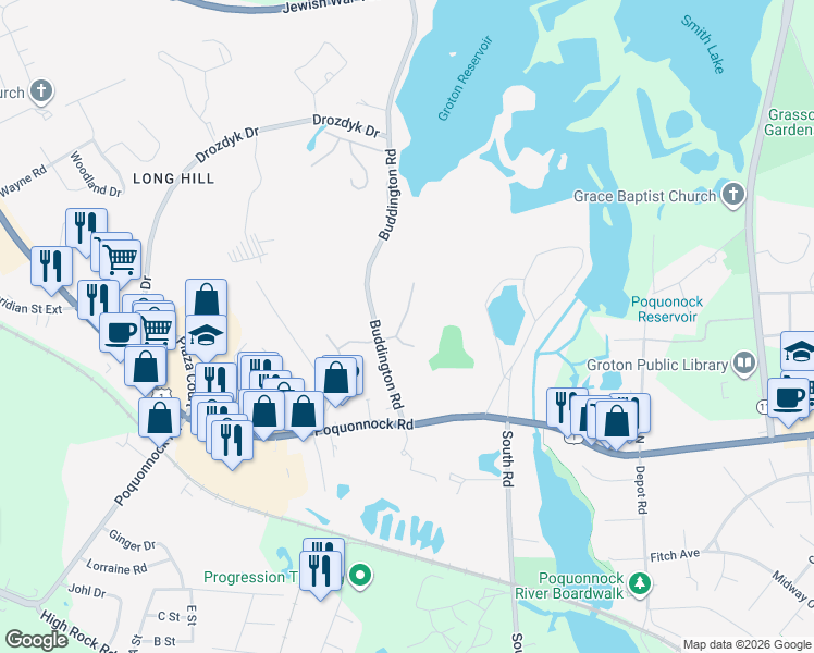 map of restaurants, bars, coffee shops, grocery stores, and more near 80 Buddington Road in Groton