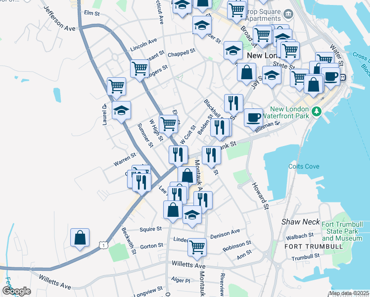 map of restaurants, bars, coffee shops, grocery stores, and more near 806 Bank Street in New London
