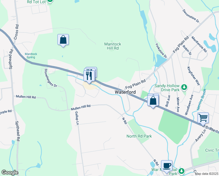 map of restaurants, bars, coffee shops, grocery stores, and more near 17 Mullen Hill Road in Waterford