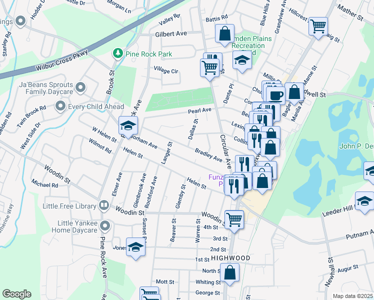 map of restaurants, bars, coffee shops, grocery stores, and more near 134 Gorham Avenue in Hamden