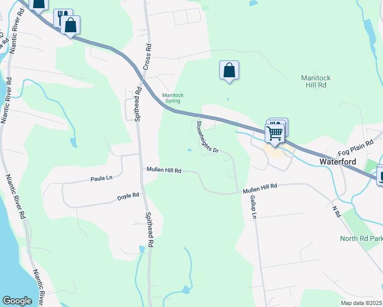 map of restaurants, bars, coffee shops, grocery stores, and more near 39 Stoneheights Drive in Waterford