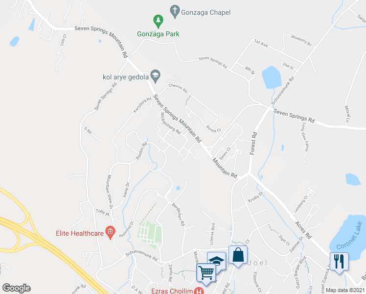 map of restaurants, bars, coffee shops, grocery stores, and more near 5 Mezabish Place in Kiryas Joel