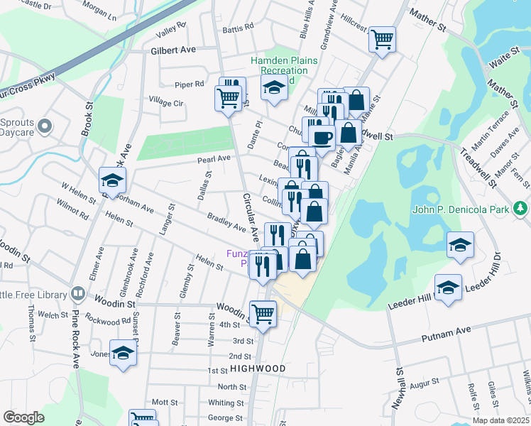 map of restaurants, bars, coffee shops, grocery stores, and more near 47 Newton Street in Hamden