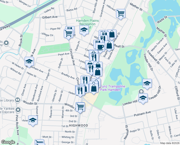 map of restaurants, bars, coffee shops, grocery stores, and more near 1314 Dixwell Avenue in Hamden
