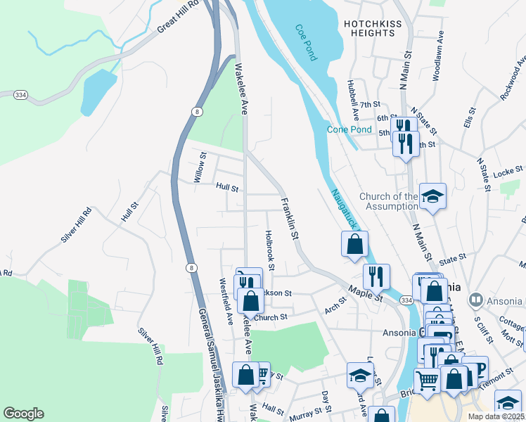 map of restaurants, bars, coffee shops, grocery stores, and more near 260 Wakelee Avenue in Ansonia