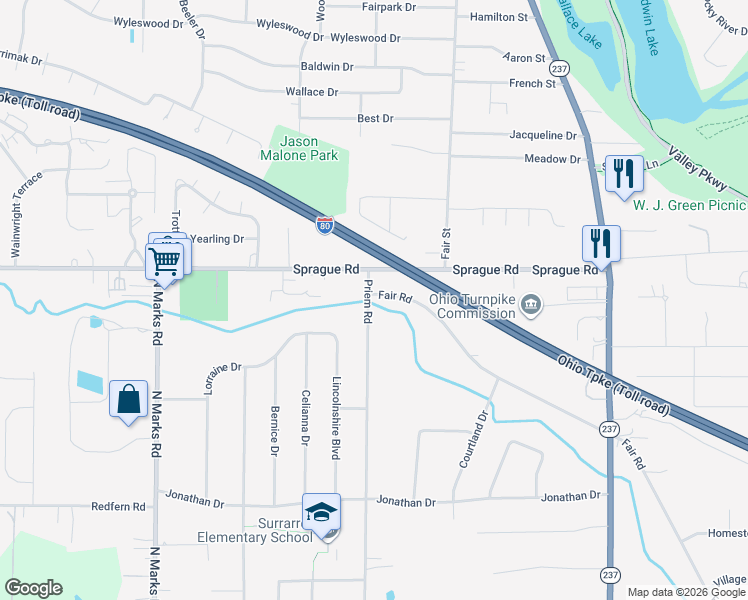 map of restaurants, bars, coffee shops, grocery stores, and more near 8119 Priem Road in Strongsville