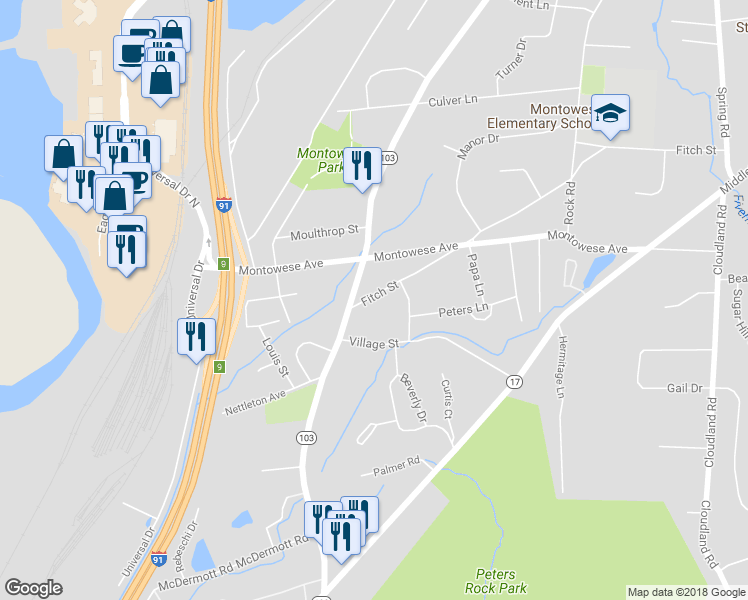 map of restaurants, bars, coffee shops, grocery stores, and more near 14 Fitch Street in North Haven