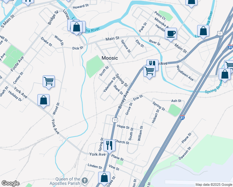 map of restaurants, bars, coffee shops, grocery stores, and more near 98 Drake St in Moosic