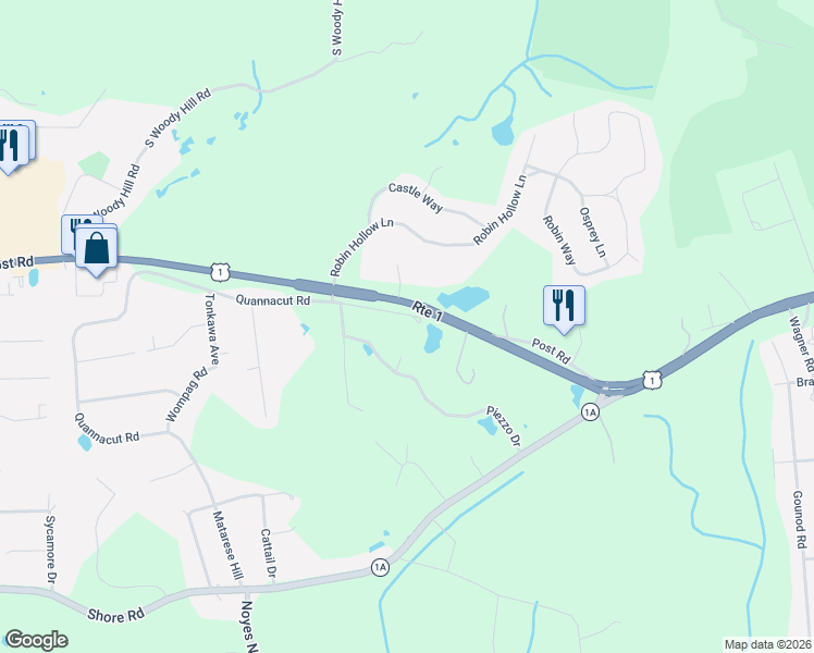 map of restaurants, bars, coffee shops, grocery stores, and more near 11 Pendleton Lane in Westerly