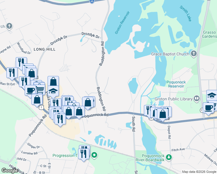 map of restaurants, bars, coffee shops, grocery stores, and more near 80 Buddington Road in Groton