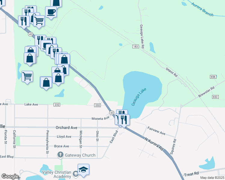 map of restaurants, bars, coffee shops, grocery stores, and more near 7350 North Aurora Road in Aurora