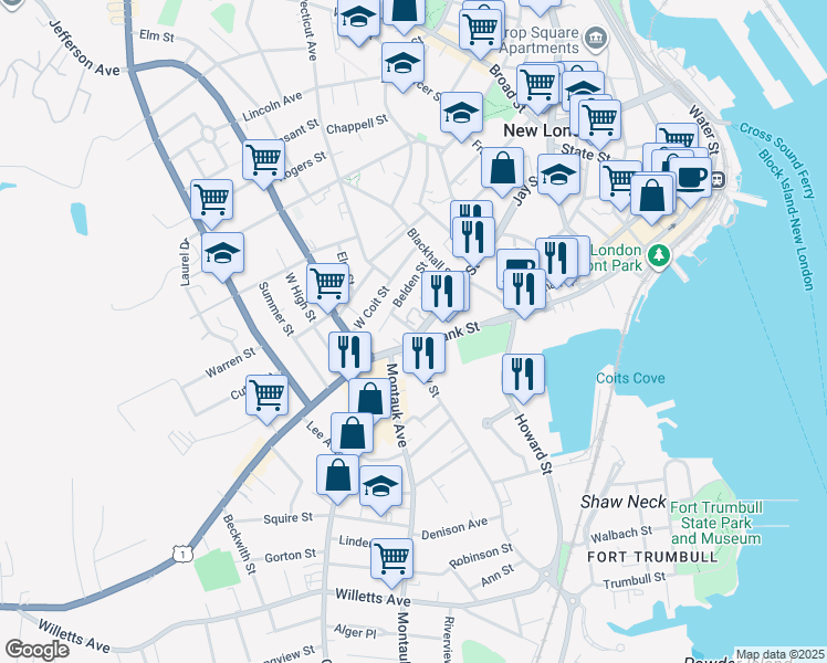map of restaurants, bars, coffee shops, grocery stores, and more near 16 Truman Street in New London