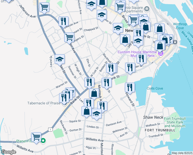 map of restaurants, bars, coffee shops, grocery stores, and more near 69 West Coit Street in New London