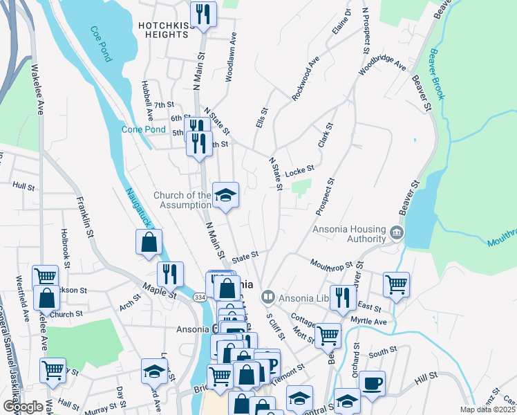 map of restaurants, bars, coffee shops, grocery stores, and more near 63 Pleasant Street in Ansonia