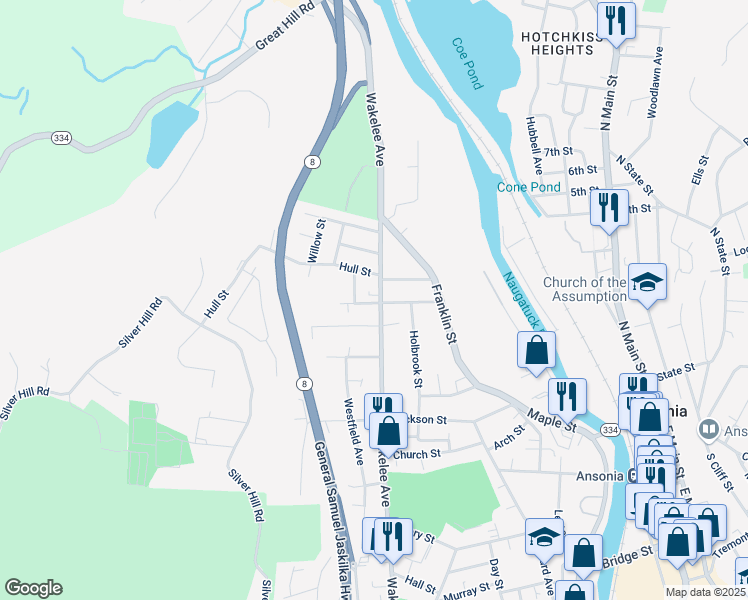 map of restaurants, bars, coffee shops, grocery stores, and more near 40 Riggs Street in Ansonia