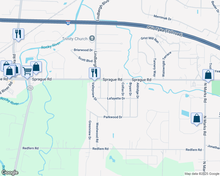 map of restaurants, bars, coffee shops, grocery stores, and more near 23757 Sprague Road in Columbia Station