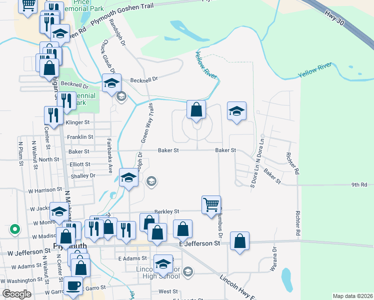 map of restaurants, bars, coffee shops, grocery stores, and more near Baker Street in Plymouth
