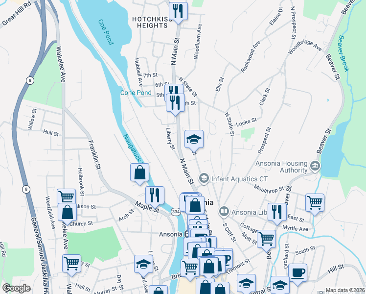 map of restaurants, bars, coffee shops, grocery stores, and more near 79 North Cliff Street in Ansonia